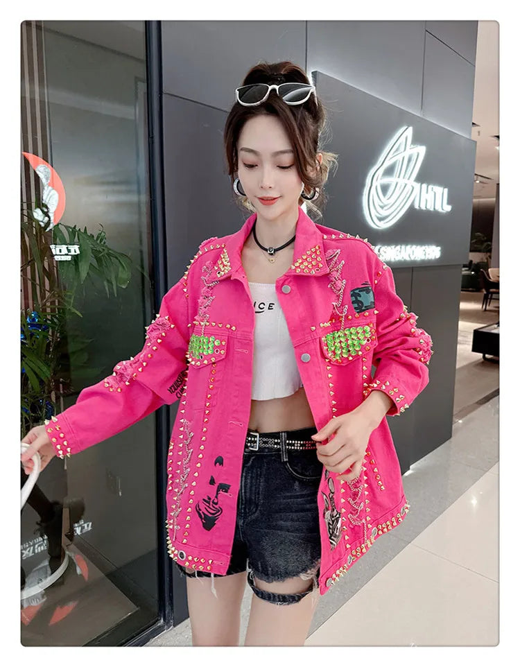 Women Graffiti Printed Rivets Denim Jacket Loose Holes Diamonds .