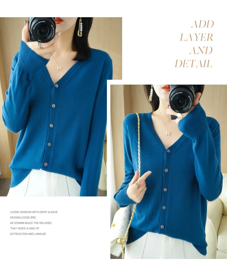 Cashmere Knit Cardigan V-Neck Solid Color Fashion High-Grade Comfortable.