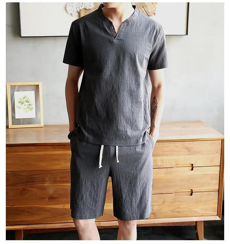 Two Piece Set Men Summer Vintage Simple Casual V Neck Short Sleeve Cotton Linen T Shirt Vacation Solid Loose Beach Shorts Ropa