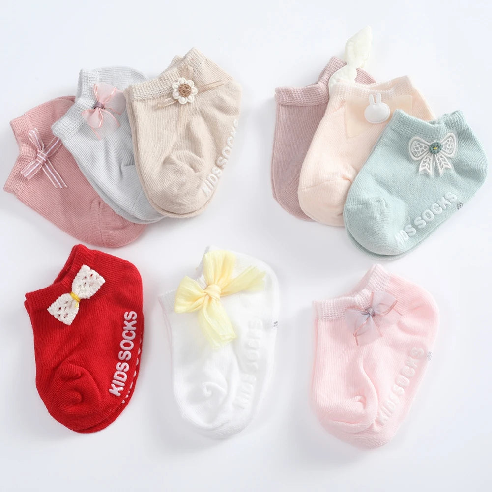 3 Pairs/lot Kids Girls Socks Cotton Children's Anti-slip Boat Socks For Girl Solid Color Bow Kid Sock Four Season 0-5Y