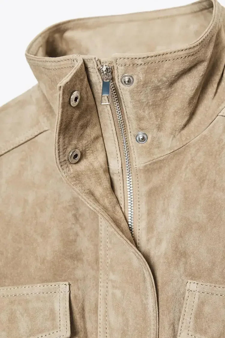 Solid Suede Zipper Cropped Jacket Women Casual Stand Collar .