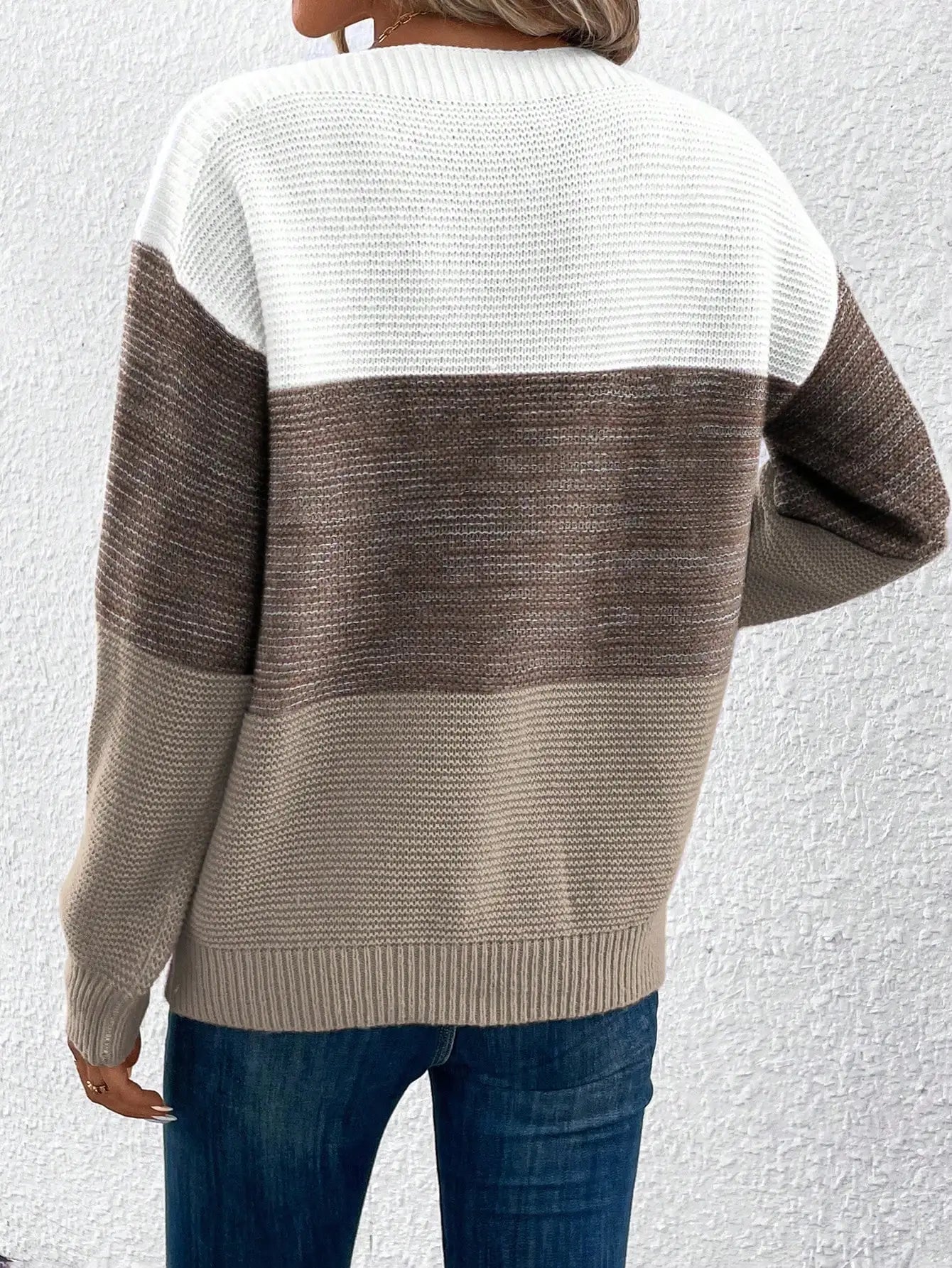 Elegant Three-color Patchwork Sweater Women Daily Commuter Casual .
