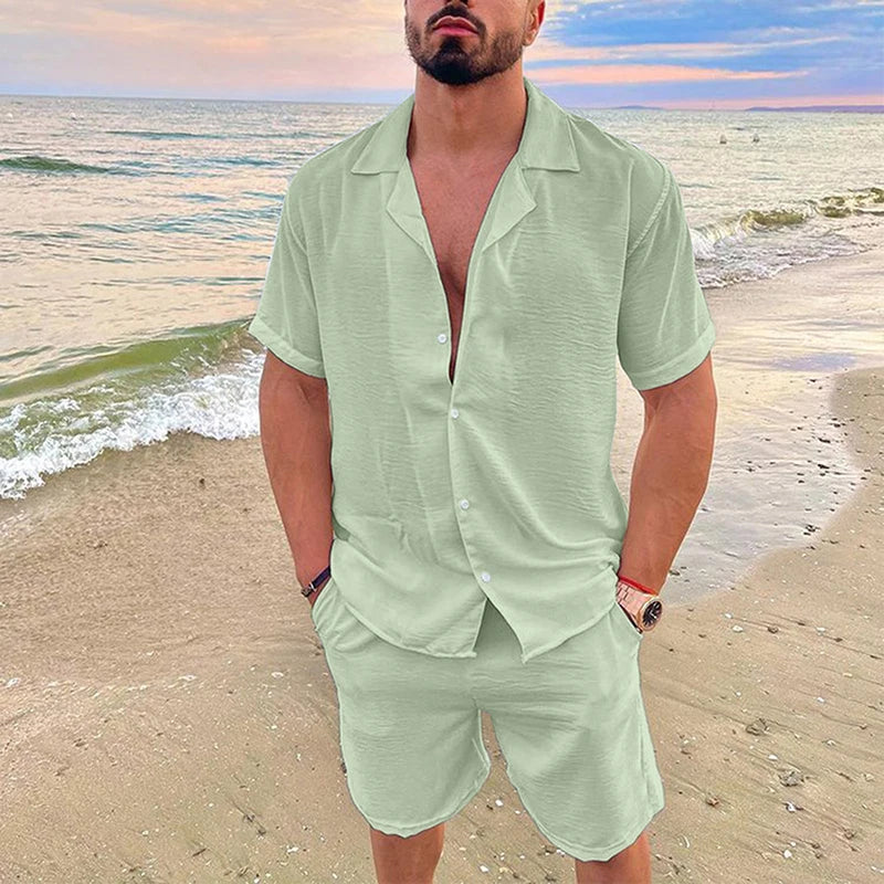 Men's Summer Casual Loose Two Piece Sets Beach Solid Cotton .