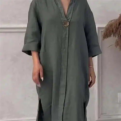 Women's Casual Button-Up Linen irt Long Ne round Color women fashion;/MH