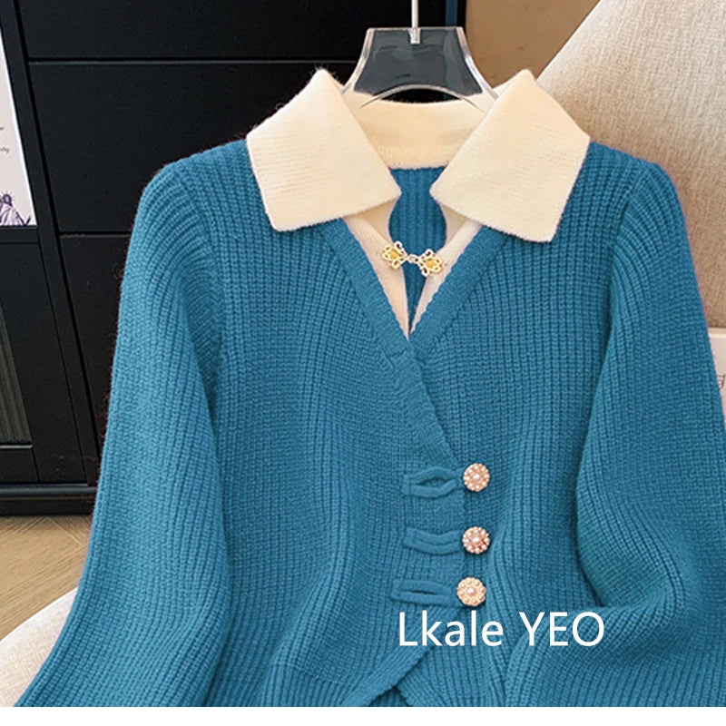 New 2025 Autumn Winter Design Splicing Slim Women Knitted Cardigan Sweater Jacket Fashion Fake Two Items Loose Ladies Top