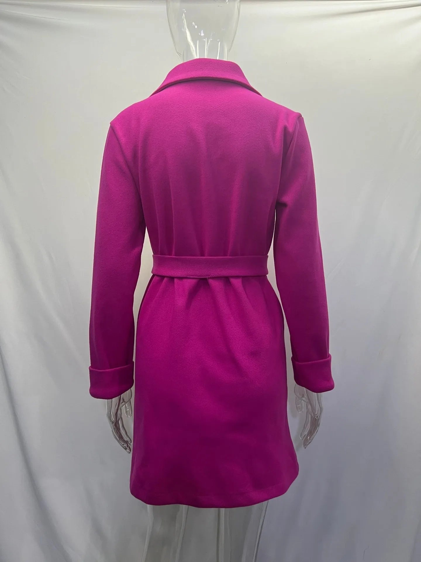 Women Hot Pink Trench Coat Casual Mid Long Overcoat.