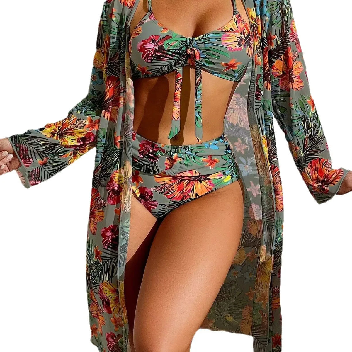 Bohemian Print Sexy Bikini 3 Pieces Floral Printed Swimsuit Women High Waisted Bikini Set With Mesh Long-Sleeved Blouse Swimsuit