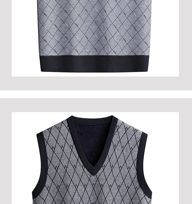 Men‘s V-neck Sweater Vest Autumn Winter Fleece Lining Knit.