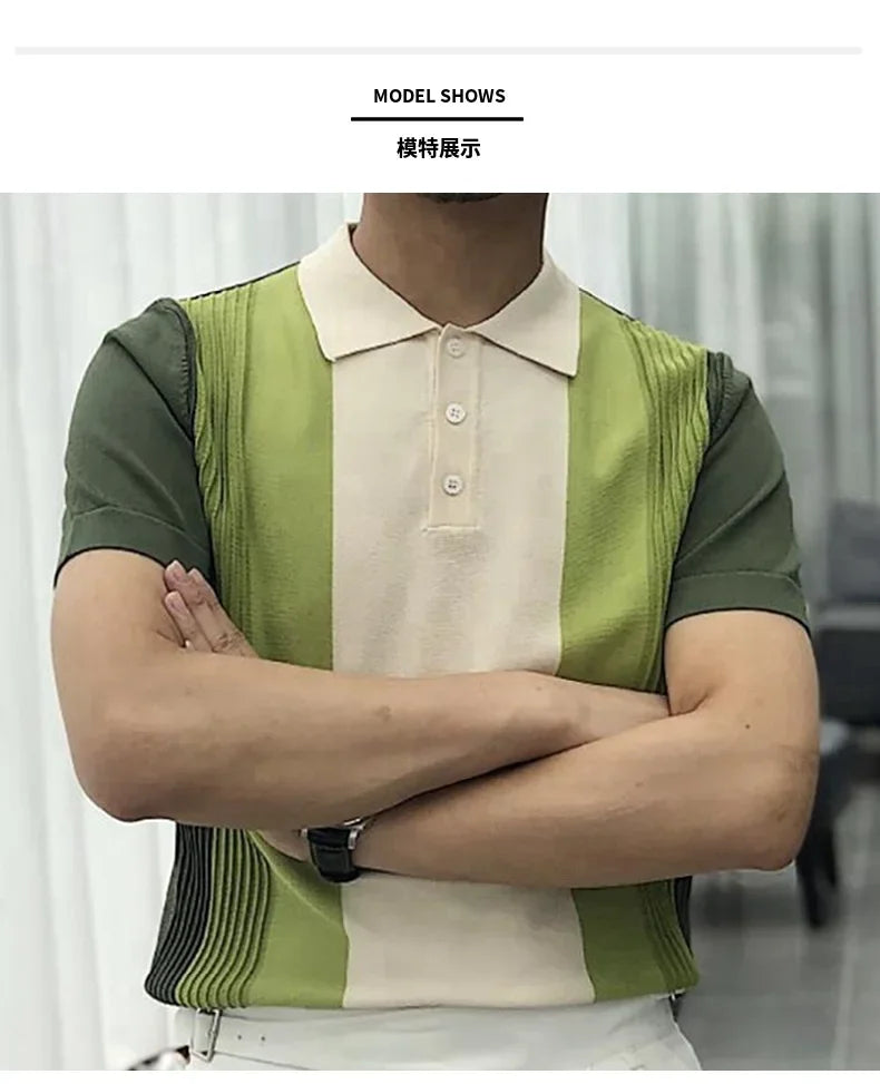 2025 Summer Contrast Color Knitted Polo Shirts Men Green Stripe Turn-down Collar Tops for Men Slim Fit Casual Business Polos