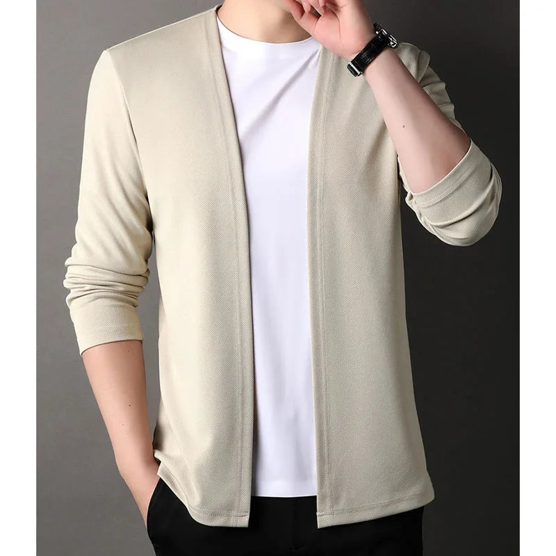 Spring Autumn Knit Cardigan Men Fashion Solid Color Stand.