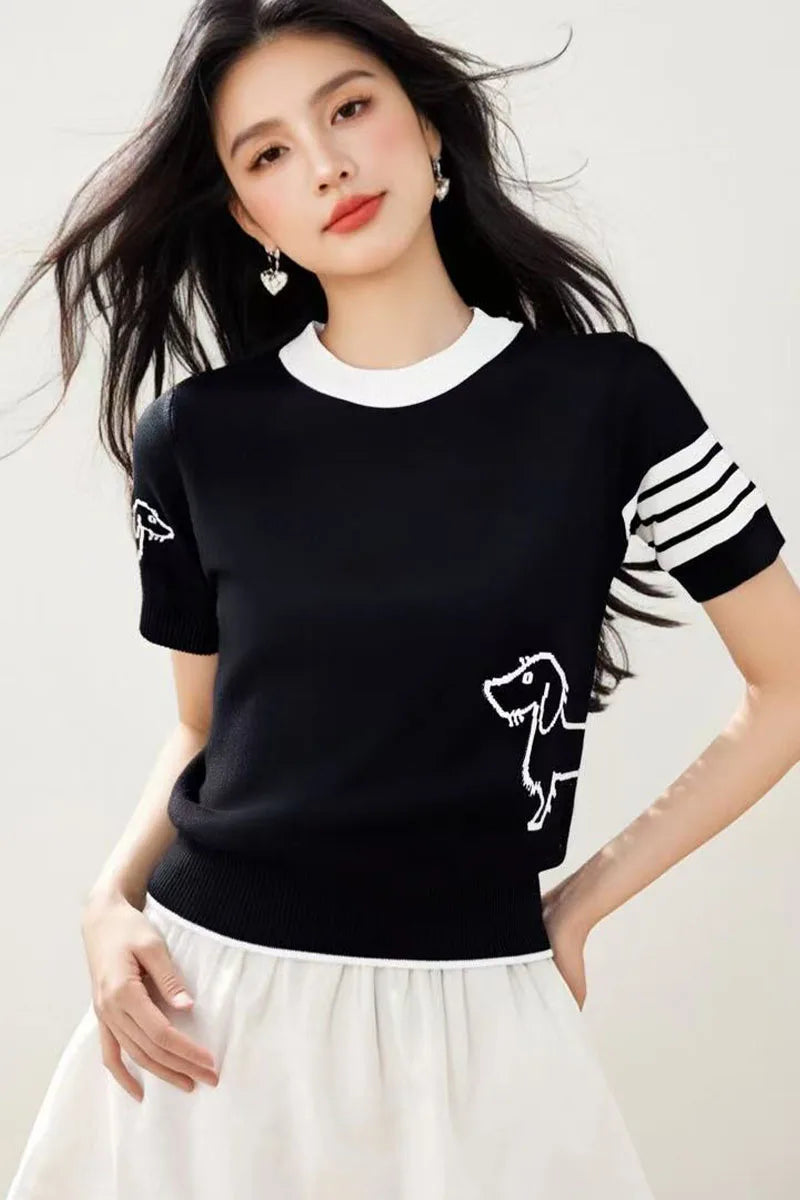 Summer wool women's round neck short sleeved pullover sweater soft  breathable high-quality sweater fashionable solid color top
