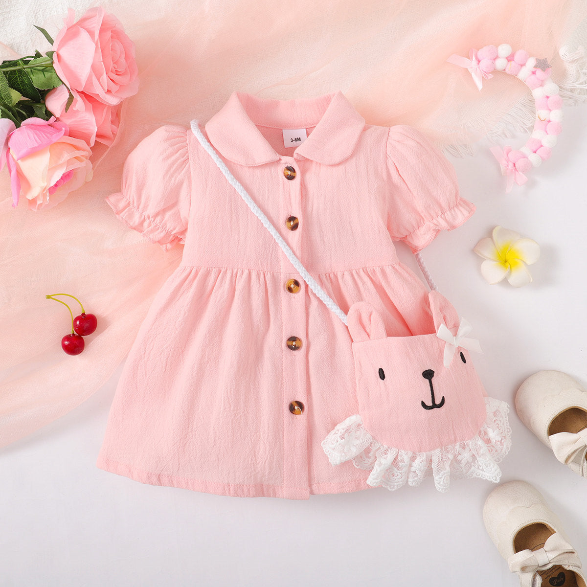 2PCS Baby Girl Pink Short Sleeve Dress with Cute Shoulder Bag ,