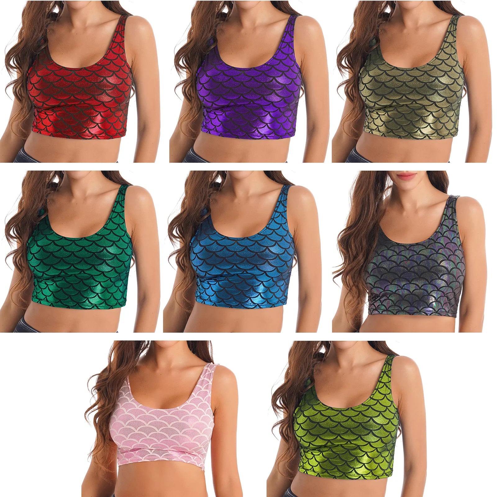 Women Shiny Metallic Crop Top Y2K Mermaid Fish Scale Print Cropped Tank Top Vest Festival Rave Pole Dance Costume Party Clubwear