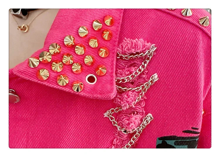 Women Graffiti Printed Rivets Denim Jacket Loose Holes Diamonds .