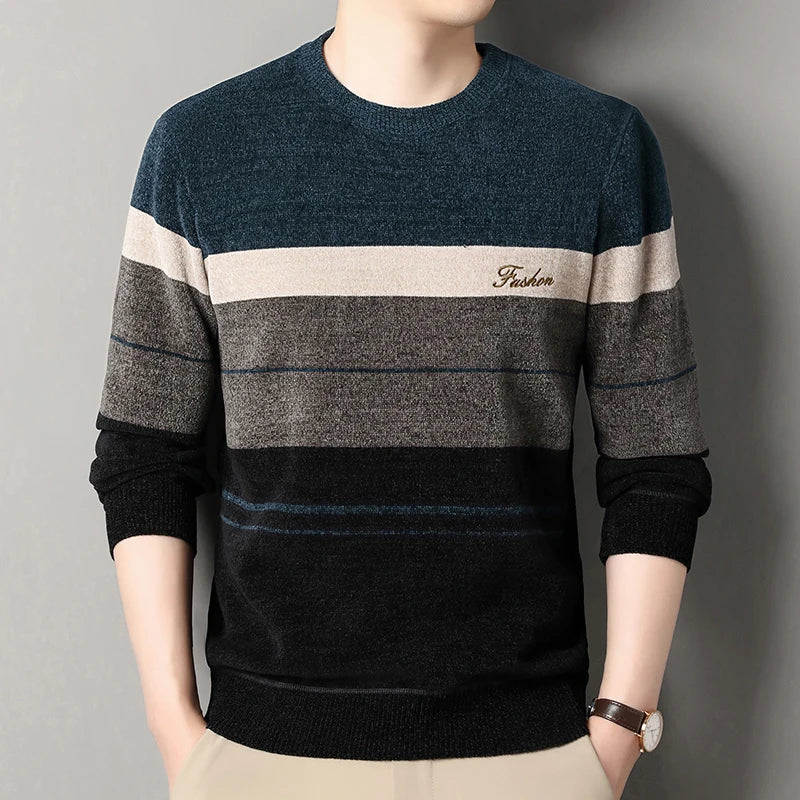 Mens Fashion Striped Sweater Round Neck Pullover Fleece.