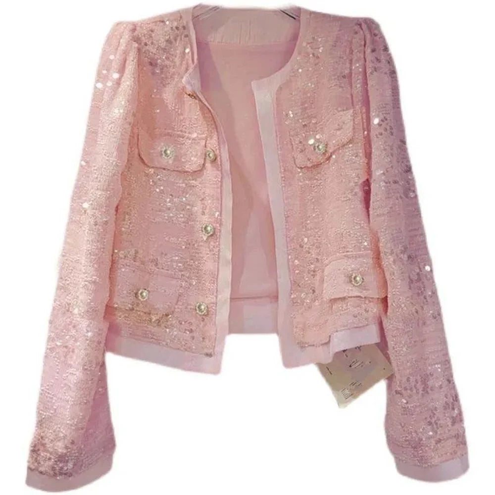 Women's Korean Outerwear Cardigan Splicing Sequin Jacket .
