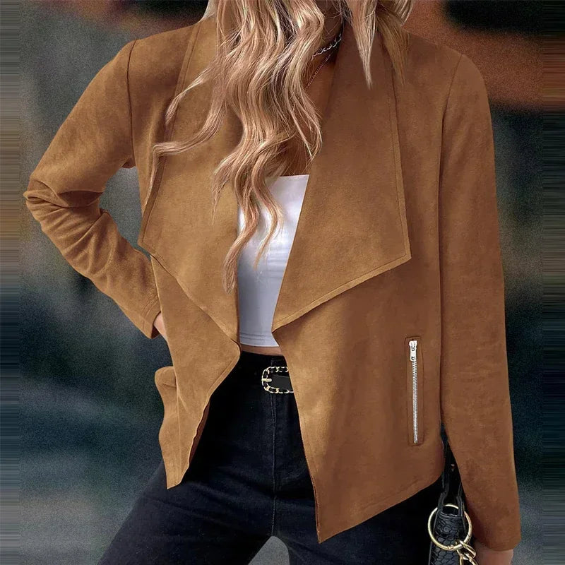 Women's Suit Jacket Solid Suede Lapel Zipper Pocket .