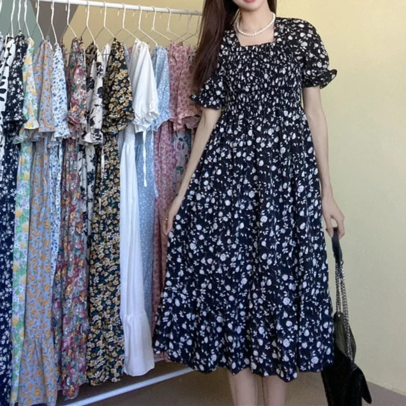 Spring Summer Elastic Waist Chiffon Dress Women Casual Dresses Fashion Female  Vestidos Short Sleeve Pleated A-line Dresses