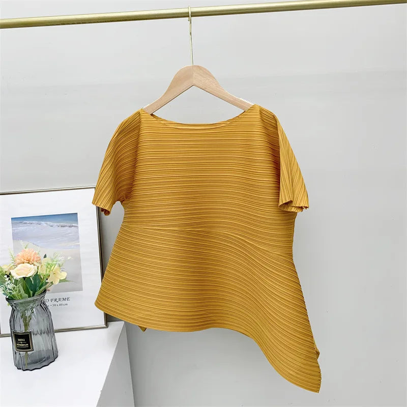 Miyake style pleated tops for women 2024 summer new high-end loose large size stretch fabric clothes temperament T-shirt