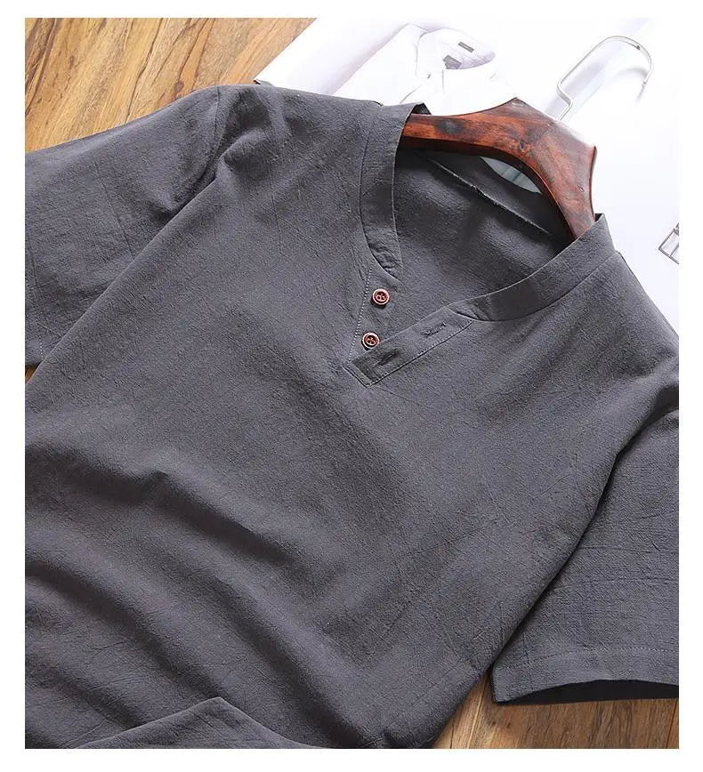 Two Piece Set Men Summer Vintage Simple Casual V Neck Short Sleeve Cotton Linen T Shirt Vacation Solid Loose Beach Shorts Ropa