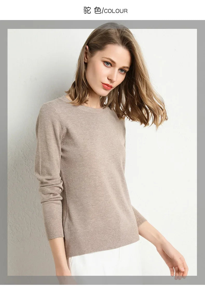 Women Slim O-Neck Pullover Cashmere Wool Blending Sweater.