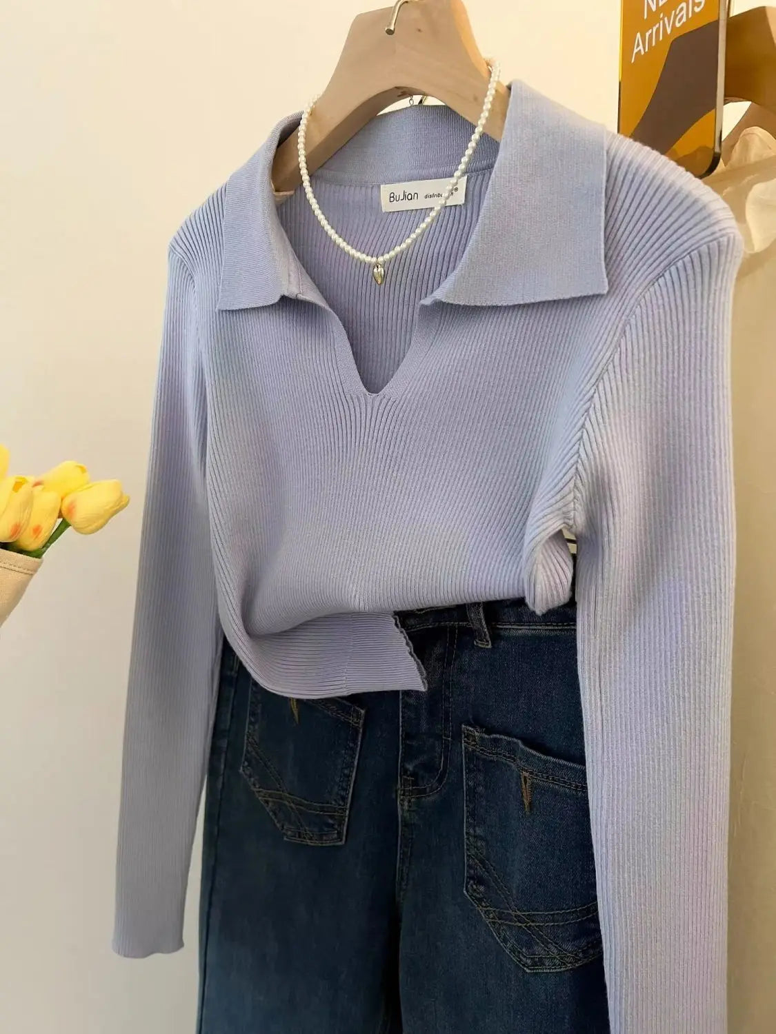 Women Clothing Vintage Fashion Solid Turn-down Collar Pullovers.