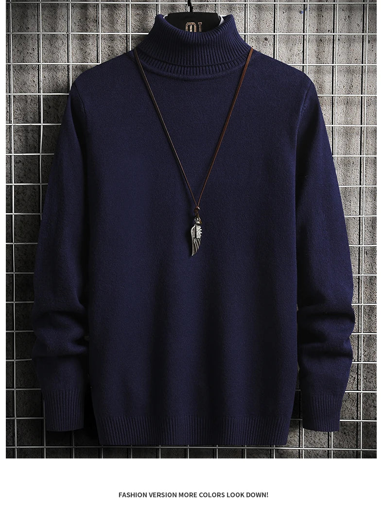 Men Pullovers Knitted Sweaters Turtleneck Solid Tops .