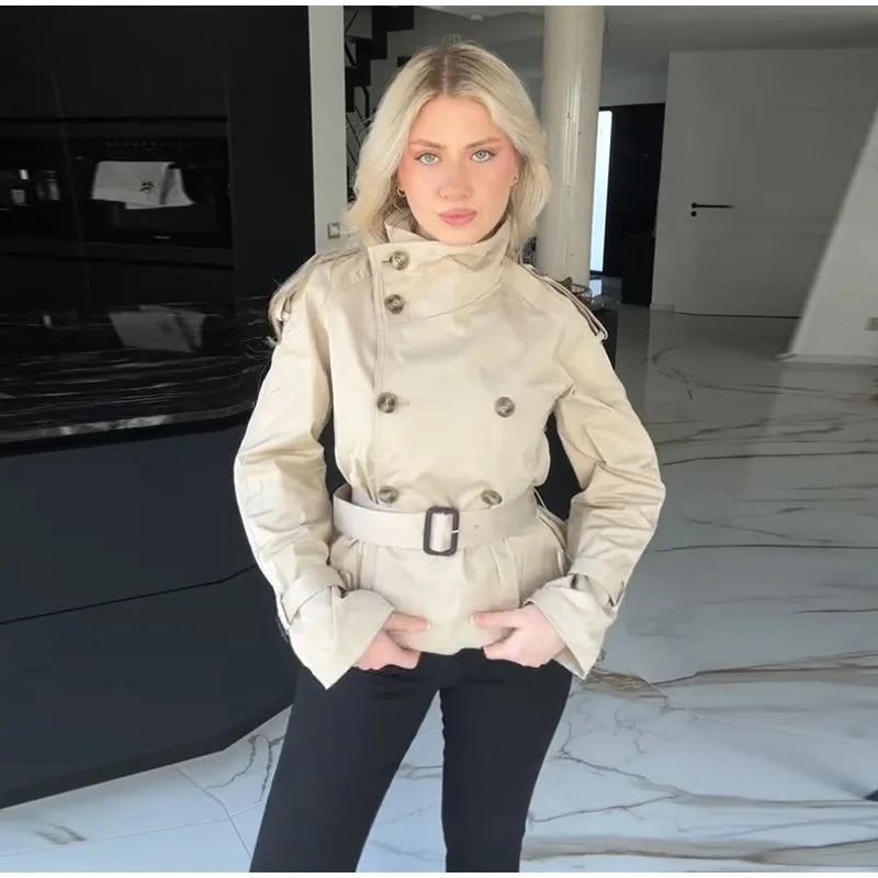 Fashion Women's Short Belt Jackets Long Sleeve Stand Collar Double Breasted Female Coat 2025 Autumn Lady Solid Outwear