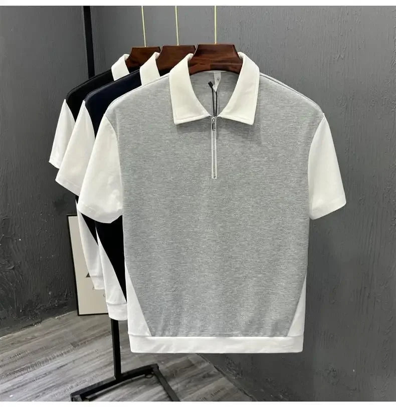 Fashionable Half-zipped Men's Polo Shirt Casual Color Block Short Sleeves Summer Trendy Lightweight Style Men's T-shirt
