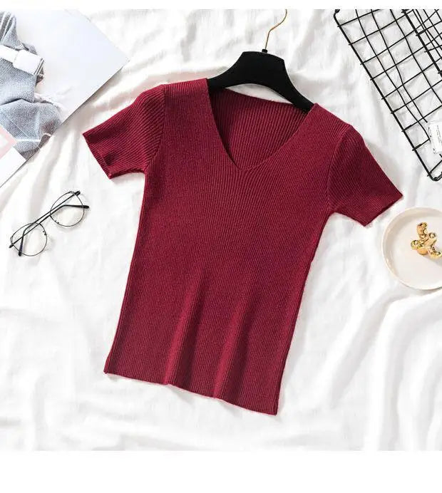 V-neck Solid Thin Summer Women Pullover Female Knitted Ribbed Sweater.