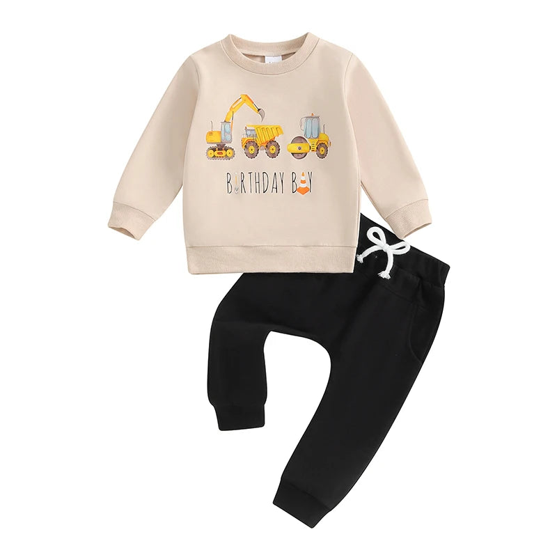Little Boy Birthday Outfit, Excavator Print Long Sleeve Sweatshirt Pants .