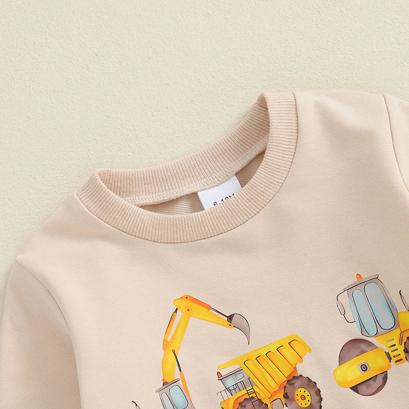Little Boy Birthday Outfit, Excavator Print Long Sleeve Sweatshirt Pants .