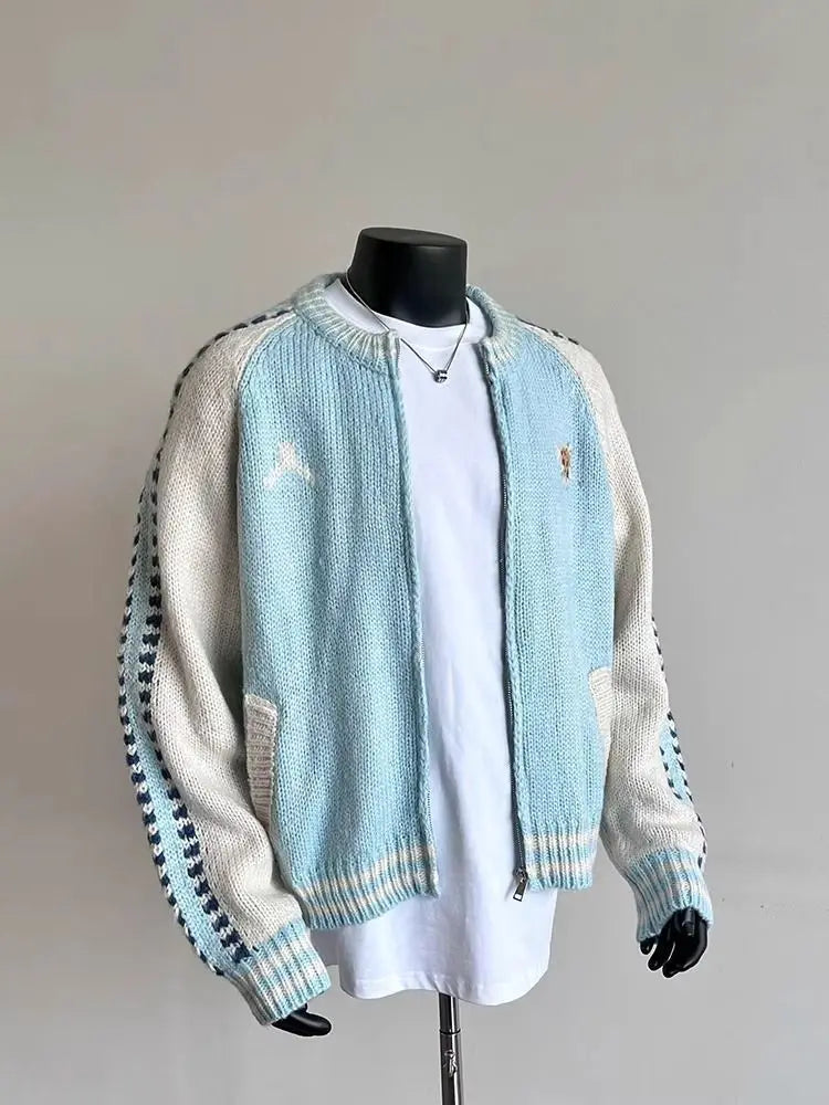 Design Knitted Wool Color-blocked Zipper Jacket Men's Winter .