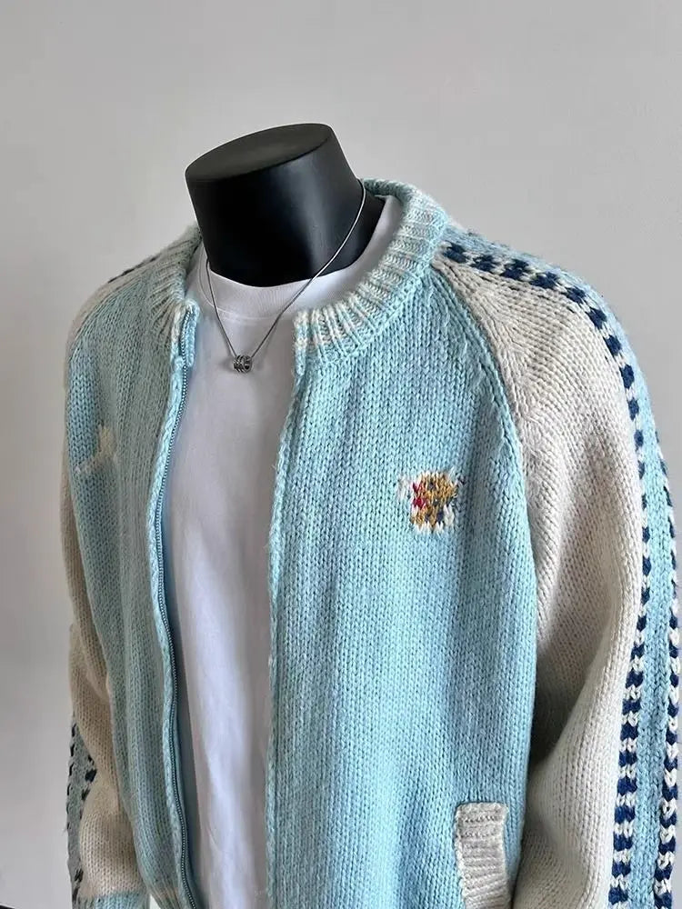 Design Knitted Wool Color-blocked Zipper Jacket Men's Winter .