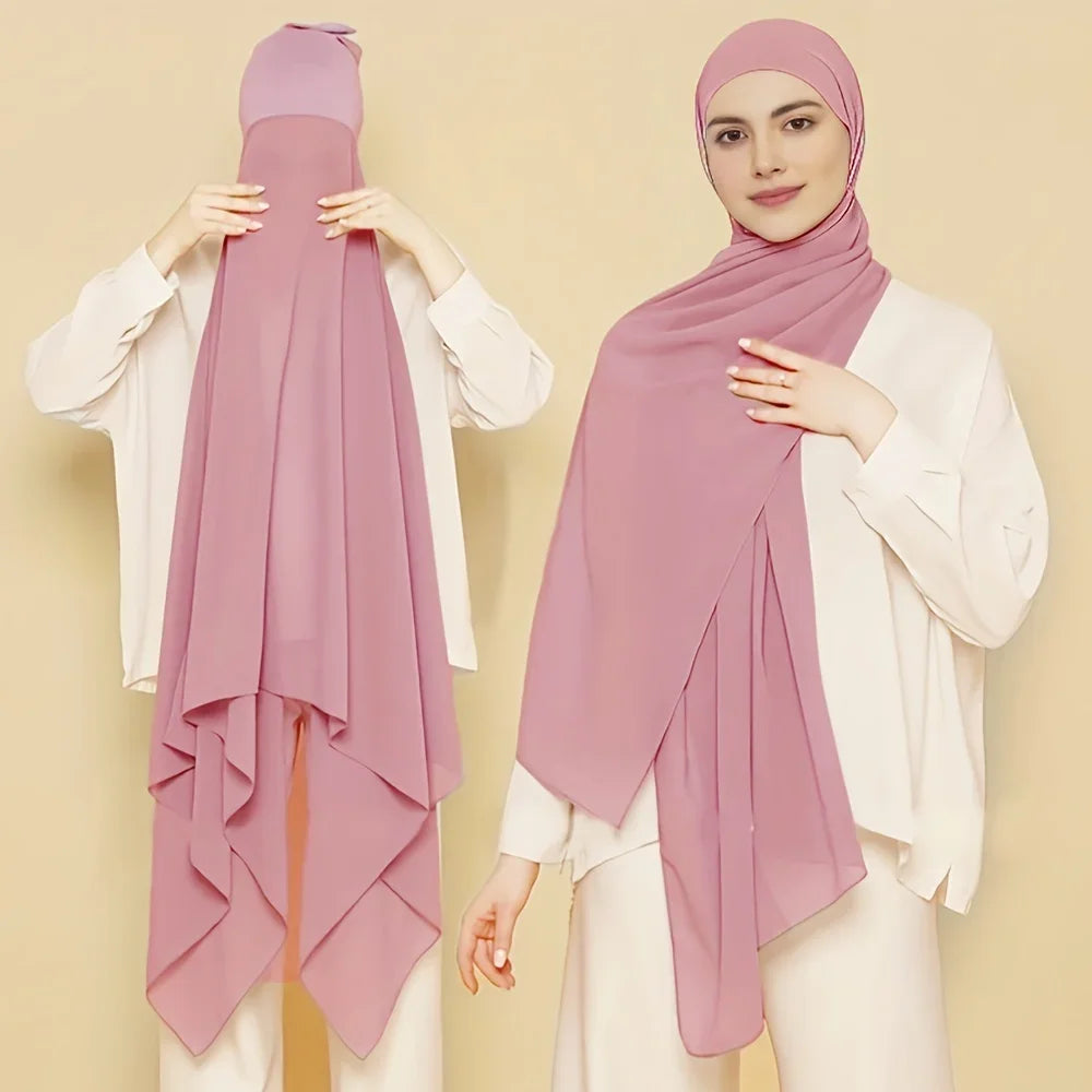 New Instant Chiffon Hijab Scarf With Undercap Solid Color .