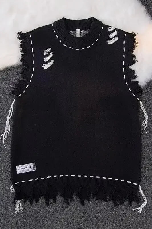 2023 Autumn New Men's Fringe Vest Sweater American Style Street Destructive Sense Round Neck Knitted Top Jacket Casual Scene