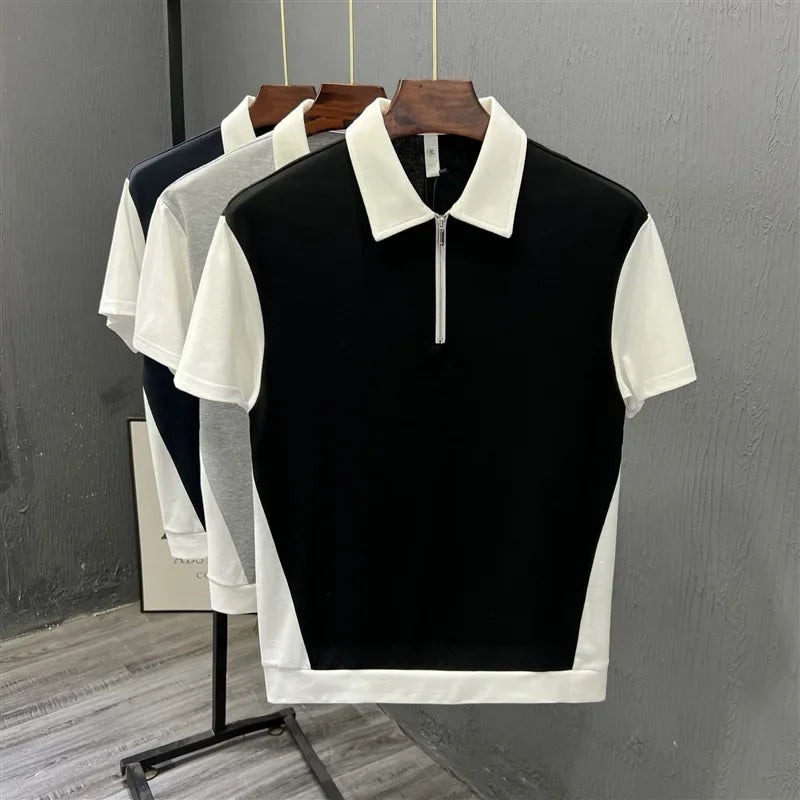 Fashionable Half-zipped Men's Polo Shirt Casual Color Block Short Sleeves Summer Trendy Lightweight Style Men's T-shirt