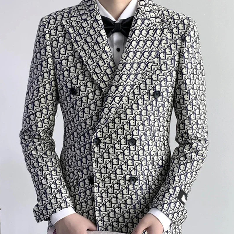 Printed Letter Men Suits Slim Fit Double Breasted Groom .