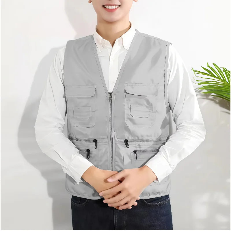 Work Clothes Vest Multi-pocket Solid Color Casual Sleeveless.