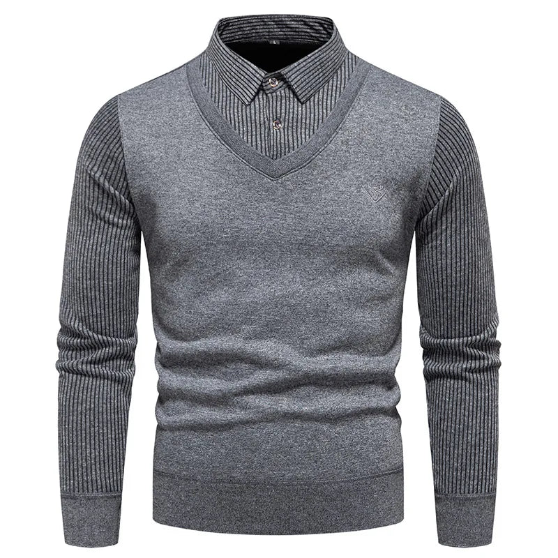 Autumn and Winter New Men's Fake Two Piece Sweater with Fleece and Slim Fit Polo Collar Knitted Bottom Shirt Thickened and Warm