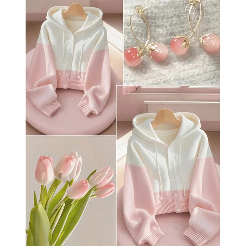 Women Spring Autumn Patchwork Knitted Cardigan Sweater 2025 New Korean Ladies Single Breasted Sweater Hooded Jacket Elegant Coat
