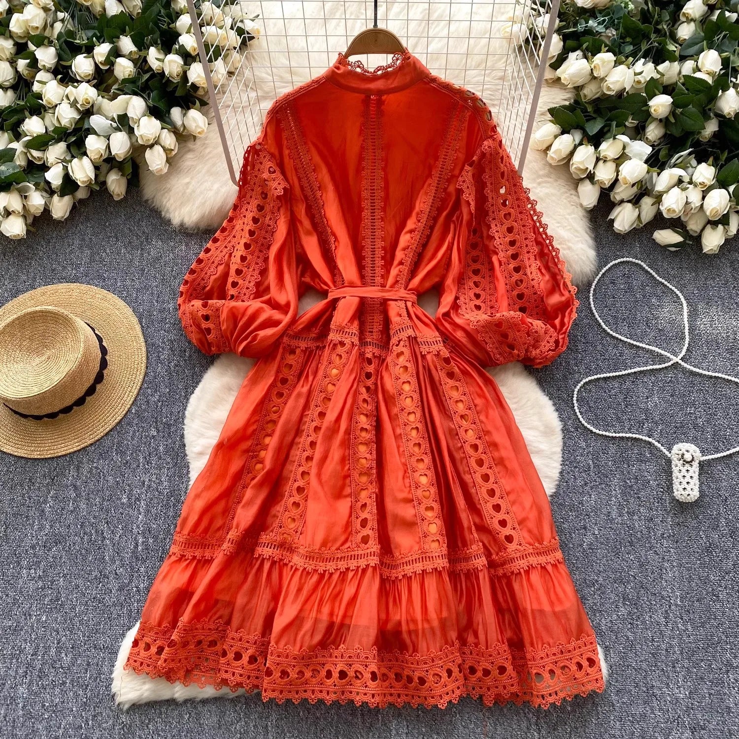 Spring Summer Embroidery Lace Stitching Hollow Out Midi Dress Women's Stand Collar Single Breasted Belt Loose Party Vestidos