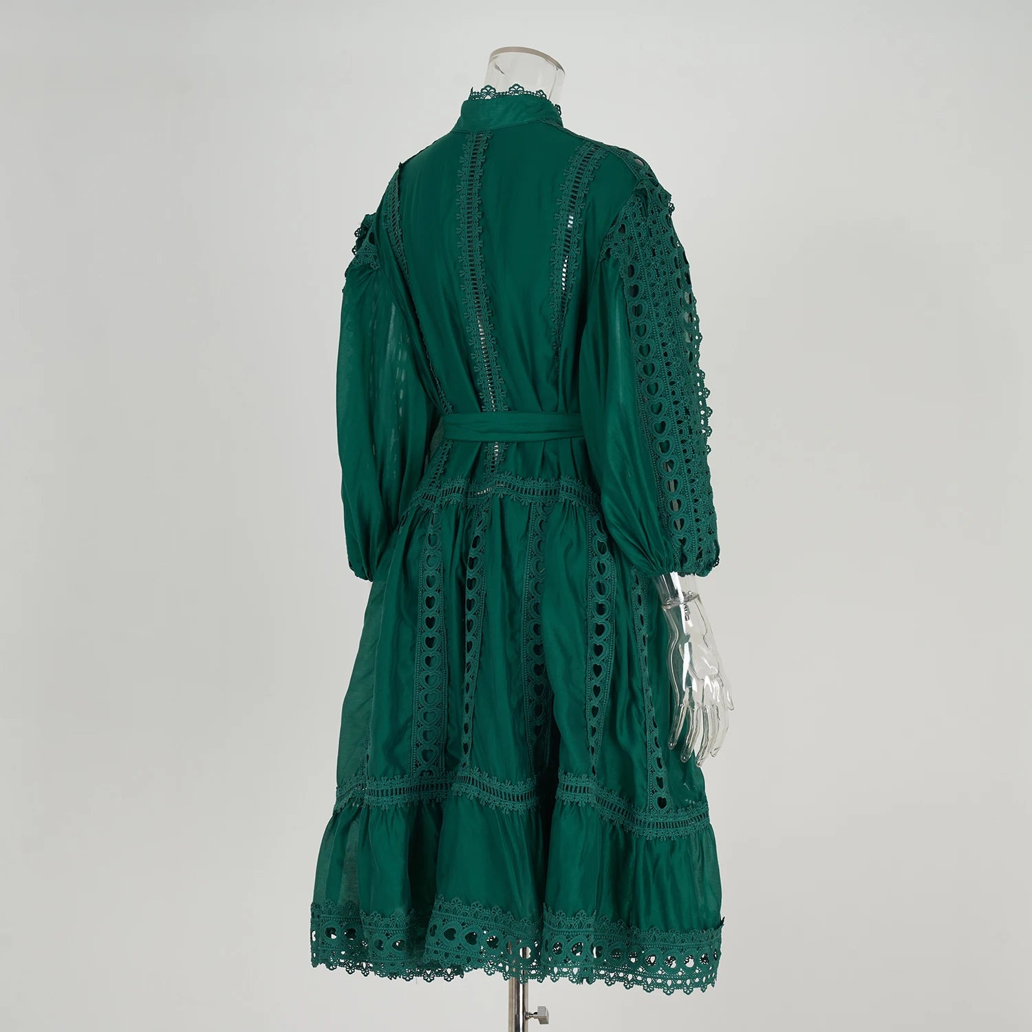 Spring Summer Embroidery Lace Stitching Hollow Out Midi Dress Women's Stand Collar Single Breasted Belt Loose Party Vestidos