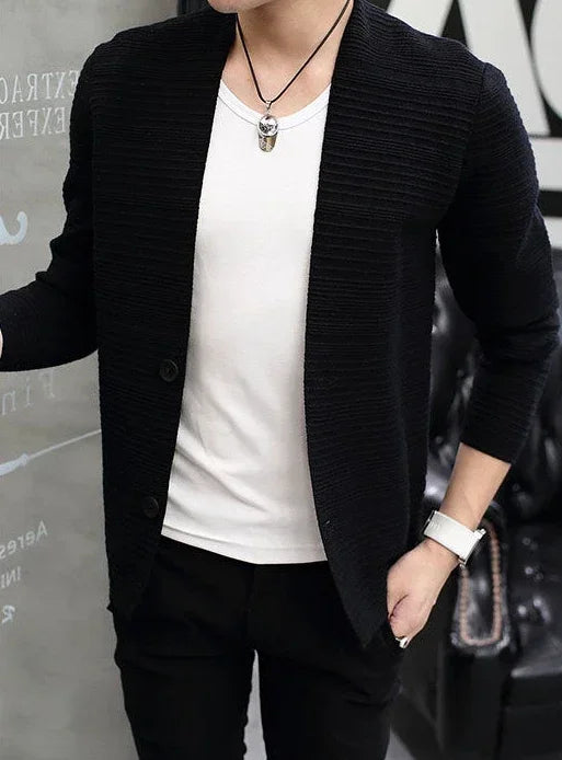Knit Sweater Male Men's Clothing Cardigan Black Slim Fit Plain .