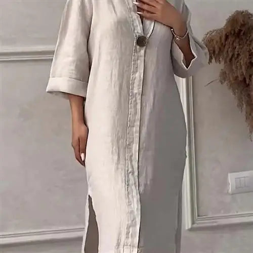 Women's Casual Button-Up Linen irt Long Ne round Color women fashion;/MH