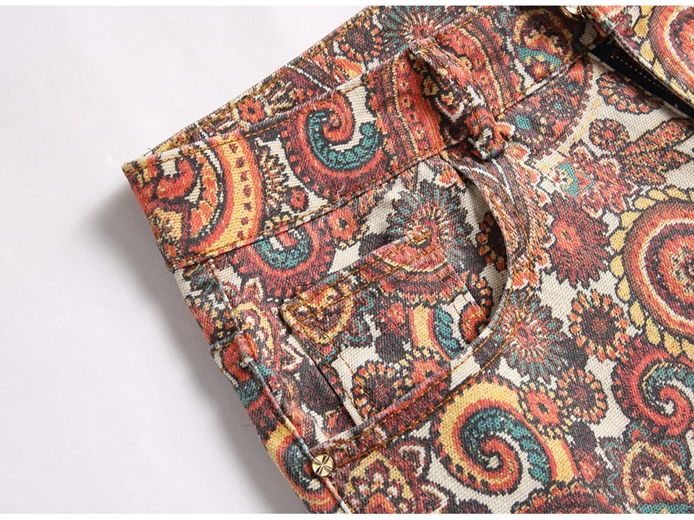 Men Bandana Print Pants Plus Size Multi Pockets Cargo Jeans .