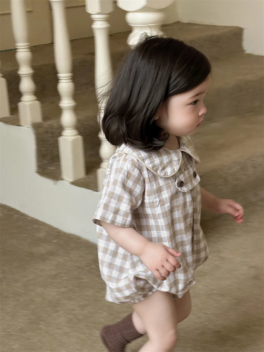 2025 Summer New Baby Girl Plaid Bodysuit Newborn Toddler Girl Dot Print Short Sleeve Jumpsuit Cute Infant Princess Clothes