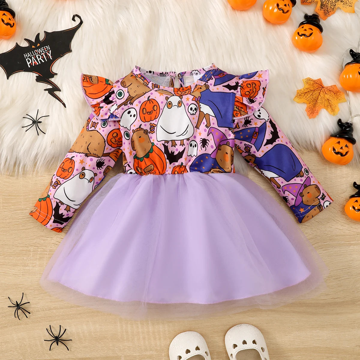 0-3 Year old Children's Girl Dress Round neck Cartoon Halloween Element  Tulle Long sleeved Dress Girl Halloween Party  Dress