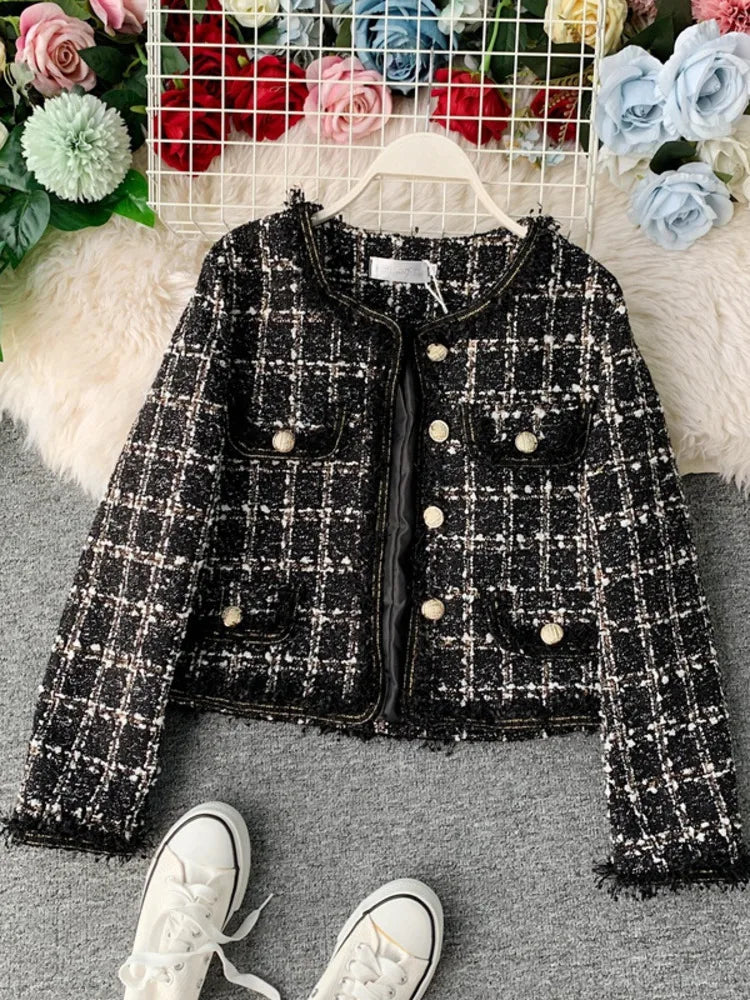 New Autumn Winter Vintage Tweed Jacket Coat Women .