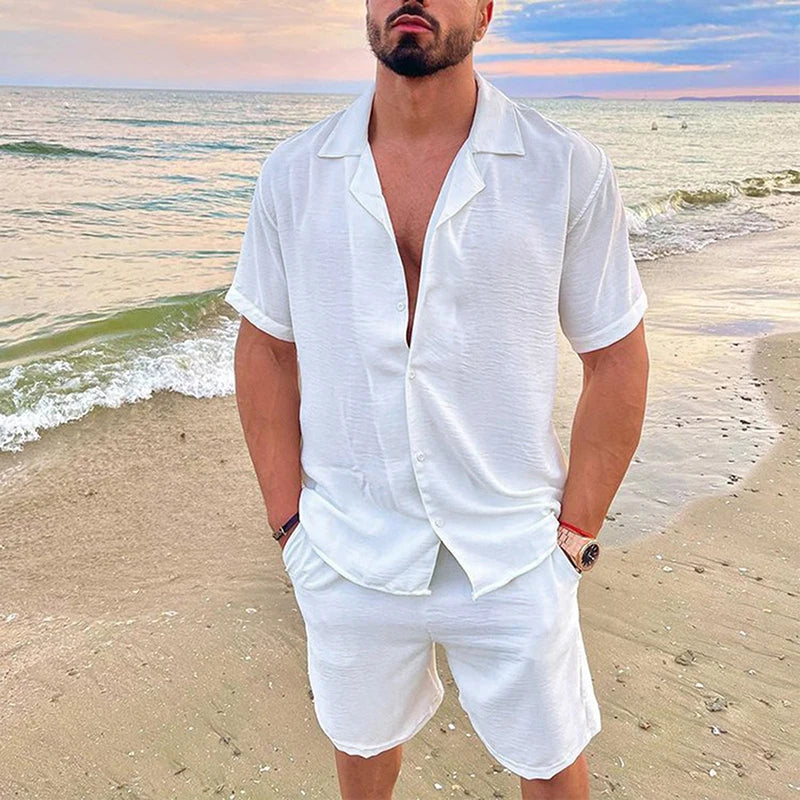 Men's Summer Casual Loose Two Piece Sets Beach Solid Cotton .